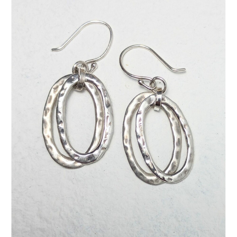 Vintage Hammered Sterling Silver Double Hoop Dangle Earrings
